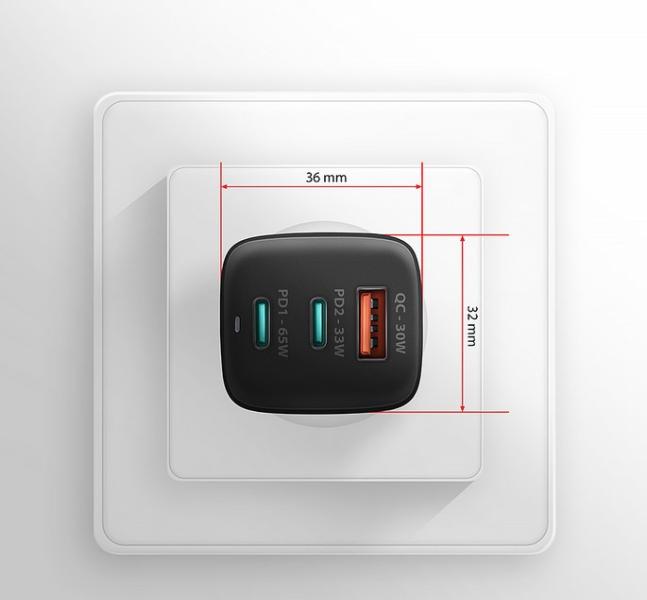 Зарядно устройство Axagon ACU-DPQ65, 3x port (USB-A + 2x USB-C), PD3.0 / PPS / QC4+ / SFC2.0 / AFC / SCP / FCP / Apple. 65W