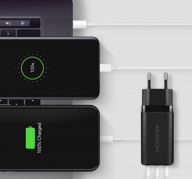 Зарядно устройство Axagon ACU-DPQ65, 3x port (USB-A + 2x USB-C), PD3.0 / PPS / QC4+ / SFC2.0 / AFC / SCP / FCP / Apple. 65W