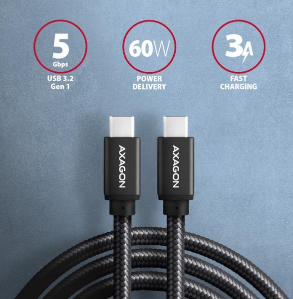 Кабел Axagon Data and charging, USB Type-C към  USB Type-C 3.2 Gen 2, 1.5 m. PD 60W, 3A