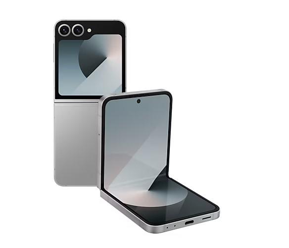 Смартфон Samsung Galaxy Z Flip6 Silver, поддържа 2 sim карти, 6.7" (17.01 cm) Foldable Dynamic AMOLED 2X 120Hz дисплей, осемядрен Snapdragon 8 Gen 3 3.39GHz, 12GB RAM, 512GB Flash памет, 50 + 12 & 10 Mpix камери, Android