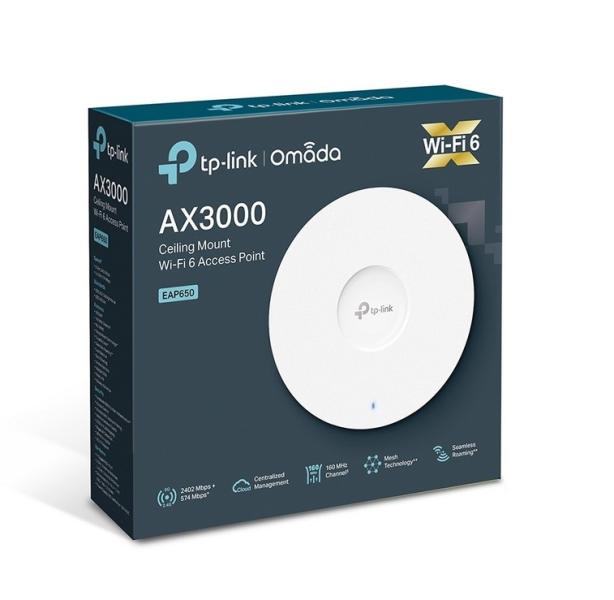 Точка за достъп TP-Link EAP650 AX3000 Ceiling Mount Dual-Band Wi-Fi 6 Access Point, 2.4GHz (574Mpbs)/ 5GHz (2402Mbps), 1x 10/100/1000 RJ-45 PoE