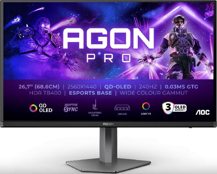 Монитор AOC AG276QZD2, 27.0" (68.58 cm) QD-OLED, 0.3 ms (MPRT), 240Hz, 250 cd/m², 1 500 000 : 1, HDMI, DP, USB
