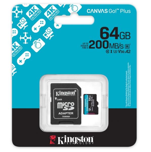 Карта памет Kingston Canvas Go Plus Gen4, 128GB microSDXC, Class 10, UHS-I, U3, V30, A2 Card + Adapter