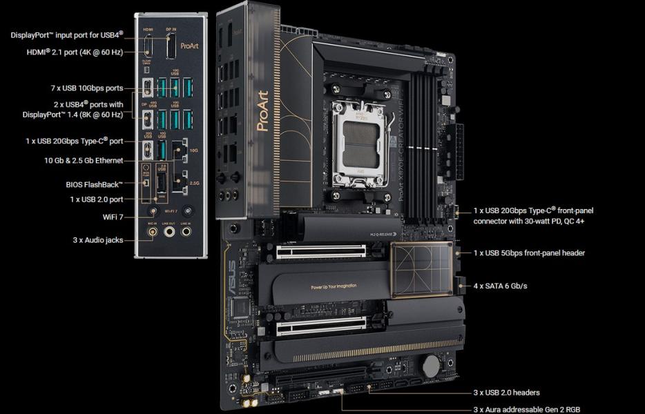 Дънна платка ASUS ProArt X870E-CREATOR WIFI, AM5, 4x DDR5, PCIe 5.0, 4x M.2, 4x SATA 6Gb/s, Wi-Fi 7, HDMI, DP, ATX