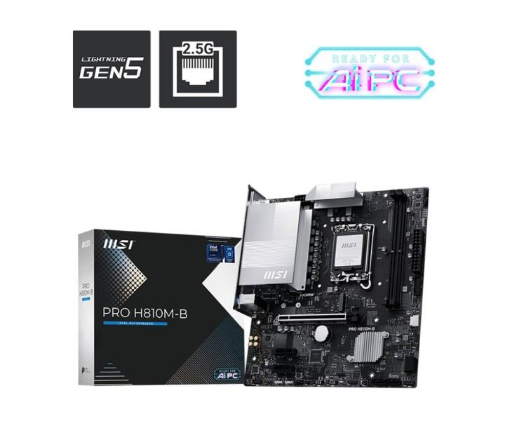 Дънна платка MSI PRO H810M-B, H810, LGA1851, 2x DDR5, PCI-E 5.0, 4x SATA 6Gb/s, 1x M.2, 1x USB 3.2 Gen 2 Type-C, 2.5GbE LAN, HDMI, DP, Micro ATX