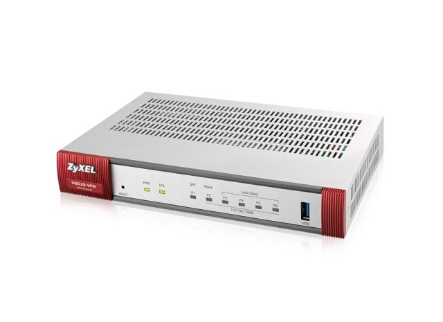 Защитна стена ZyXEL USG20-VPN Firewall, 10x VPN (IPSec/L2TP), up to 15 SSL (5 included), 1x WAN, 1x SFP, 4x LAN/DMZ, 1x USB port, Optional: Content Filtering, Antispam (licenses)