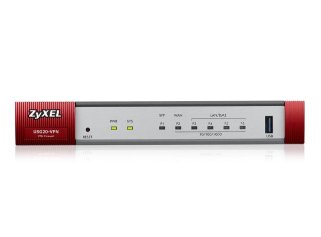 Защитна стена ZyXEL USG20-VPN Firewall, 10x VPN (IPSec/L2TP), up to 15 SSL (5 included), 1x WAN, 1x SFP, 4x LAN/DMZ, 1x USB port, Optional: Content Filtering, Antispam (licenses)