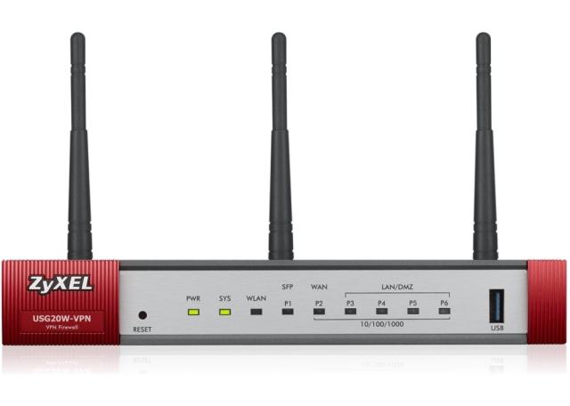 Защитна стена ZyXEL USG20W-VPN Firewall, 802.11ac/n Wireless (3x3/80MHz), 10x VPN (IPSec/L2TP), up to 15 SSL (5 included), 1x WAN, 1x SFP, 4x LAN/DMZ, 1x USB port, Optional: Content Filtering, Antispam (licenses)