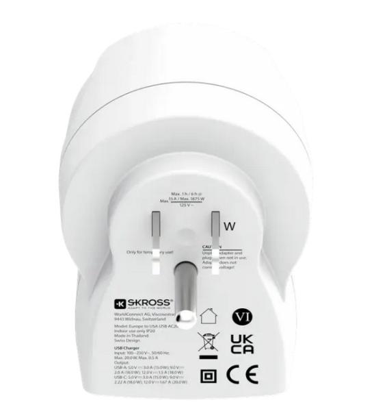 Skross универсален адаптер Europe to USA+1xUSB A/C, 20W