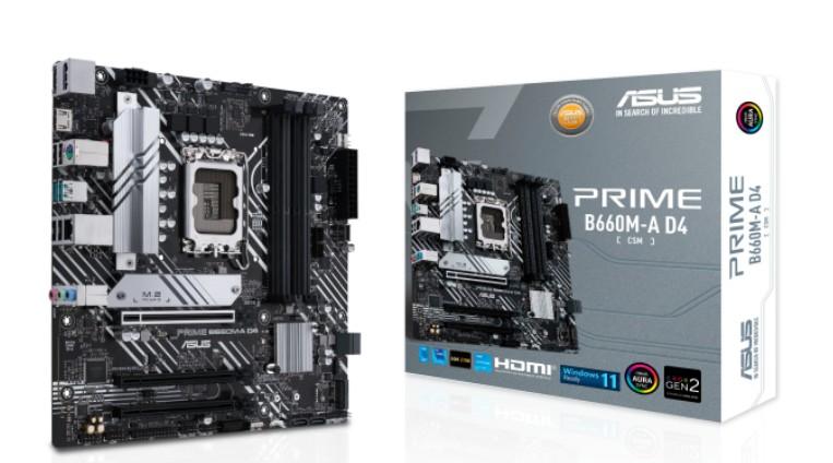 Дънна платка Asus Prime B660M-A D4-CSM, B660, LGA1700, DDR4, PCI-E 4.0, 4x SATA 6Gb/s, 2x M.2, HDMI, DisplayPort, mATX