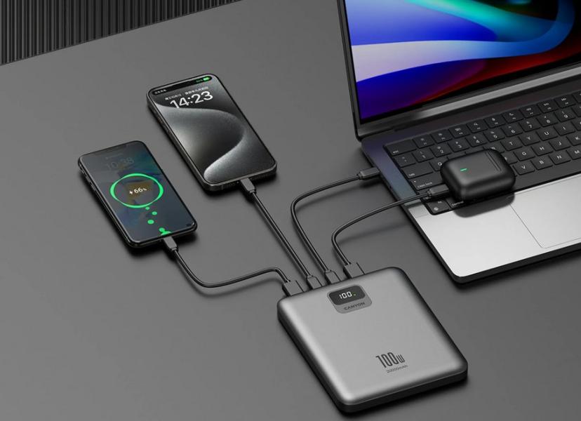 Външна батерия CANYON PB-2008 LED FLAT 20 000 mAh PD100W QC3.0 Dark Grey