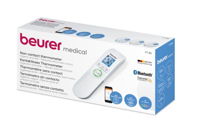 Термометър Beurer FT 95 BT non-contact thermometer, Bluetooth, Measurement of body, ambient and surface temperature, Led temperature alarm (green, yellow/ red), Displays measurements in °C and °F, Measuring distance 2/3 cm, 60 memory spaces,  Blue il