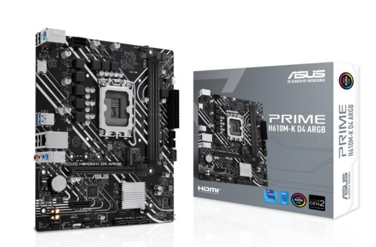 Дънна платка ASUS PRIME H610M-K-D4 ARGB, 2x DDR4, 1x M.2 slot, 4x SATA 6Gb/s, HDMI, mATX