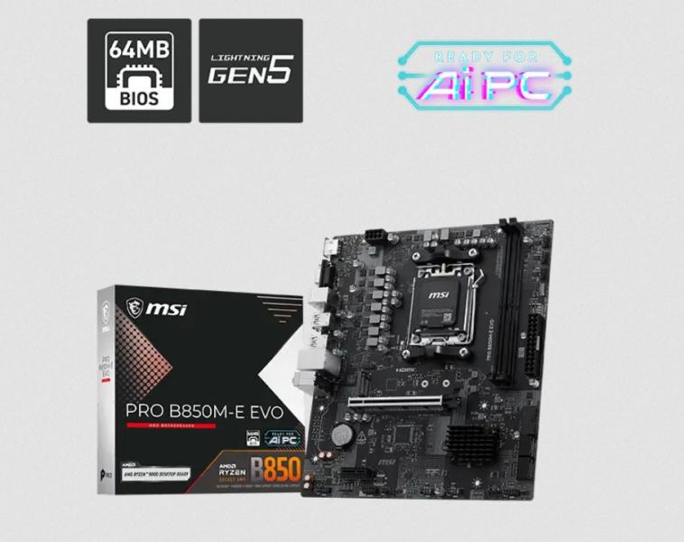 Дънна платка MSI PRO B850M-E EVO, AM5, 2x DDR5, 1x M.2, 4x SATA 6G, VGA, HDMI, ATX 