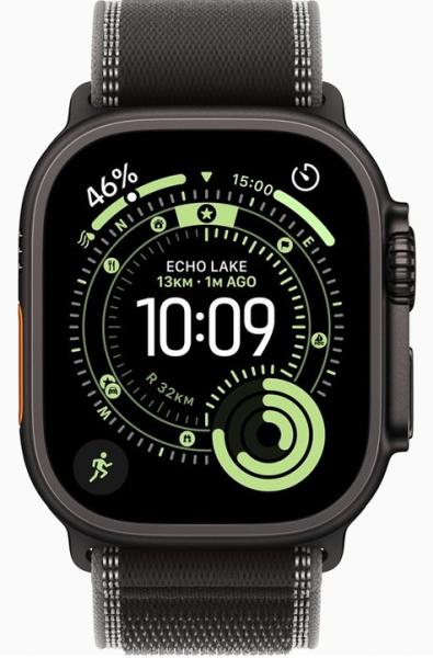 Смарт часовник Apple Watch Ultra 3, 49mm , 1.98" (5.02 cm) Retina LTPO OLED дисплей, 64GB Flash памет, Bluetooth, Wi-Fi, LTE, GPS, IP6X, Black Titanium с Black/Charcoal Trail Loop S/M каишка