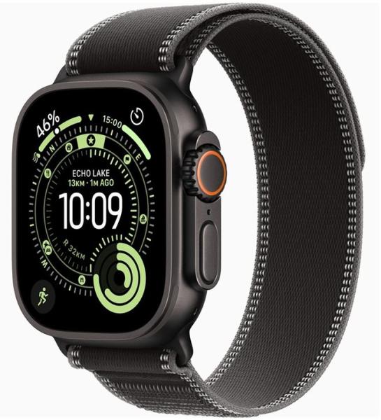 Смарт часовник Apple Watch Ultra 3, 49mm , 1.98" (5.02 cm) Retina LTPO OLED дисплей, 64GB Flash памет, Bluetooth, Wi-Fi, LTE, GPS, IP6X, Black Titanium с Black/Charcoal Trail Loop M/L каишка