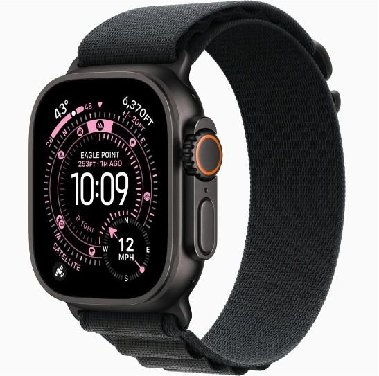 Смарт часовник Apple Watch Ultra 3, 49mm , 1.98" (5.02 cm) Retina LTPO OLED дисплей, 64GB Flash памет, Bluetooth, Wi-Fi, LTE, GPS, IP6X, Black Titanium с Black/Charcoal Trail Loop S/M каишка