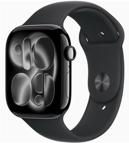 Смарт часовник Apple Watch Series 11 GPS, 46mm, 1.96" (4.98cm) LTPO3 OLED дисплей, Wi-Fi, Bluetooth, GPS, 64GB Flash памет, IP6X, Jet Black Aluminium с Black Sport - M/L каишка