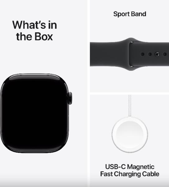 Смарт часовник Apple Watch Series 11 GPS, 46mm, 1.96" (4.98cm) LTPO3 OLED дисплей, Wi-Fi, Bluetooth, GPS, 64GB Flash памет, IP6X, Jet Black Aluminium с Black Sport - M/L каишка