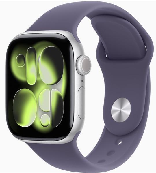 Смарт часовник Apple Watch Series 11 GPS, 42mm, 1.77" (4.49cm) LTPO3 OLED дисплей, Wi-Fi, Bluetooth, GPS, 64GB Flash памет, IP6X, Silver Aluminium с Purple Fog Sport - M/L каишка
