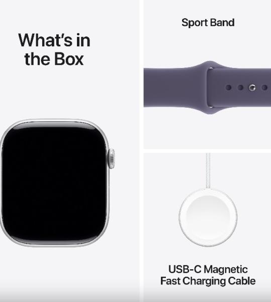 Смарт часовник Apple Watch Series 11 GPS, 42mm, 1.77" (4.49cm) LTPO3 OLED дисплей, Wi-Fi, Bluetooth, GPS, 64GB Flash памет, IP6X, Silver Aluminium с Purple Fog Sport - M/L каишка