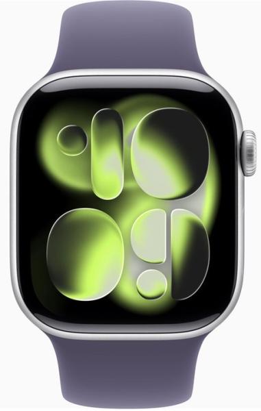 Смарт часовник Apple Watch Series 11 Cellular, 46mm, 1.96" (4.98cm) LTPO3 OLED дисплей, LTE, Wi-Fi, Bluetooth, GPS, 64GB Flash памет, IP6X, Silver Aluminium с Purple Fog Sport - M/L каишка