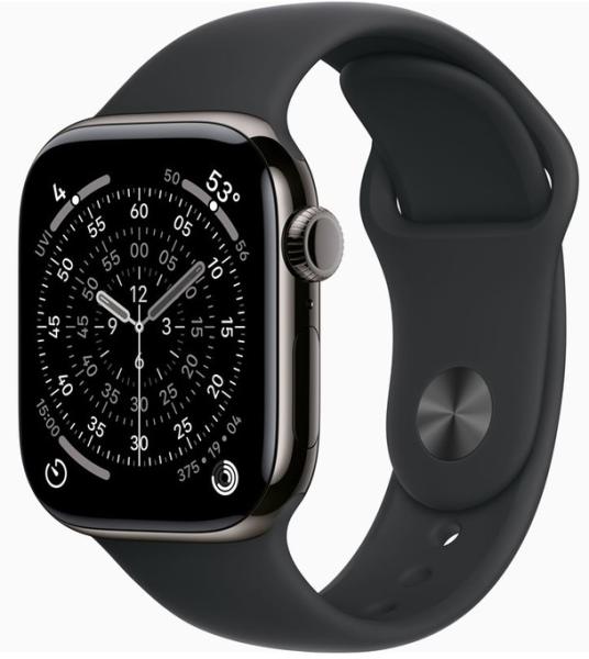 Смарт часовник Apple Watch Series 11 Cellular, 42mm, 1.77" (4.49cm) LTPO3 OLED дисплей, LTE, Wi-Fi, Bluetooth, GPS, 64GB Flash памет,  IP6X, Slate Titanium с Black Sport - M/L каишка