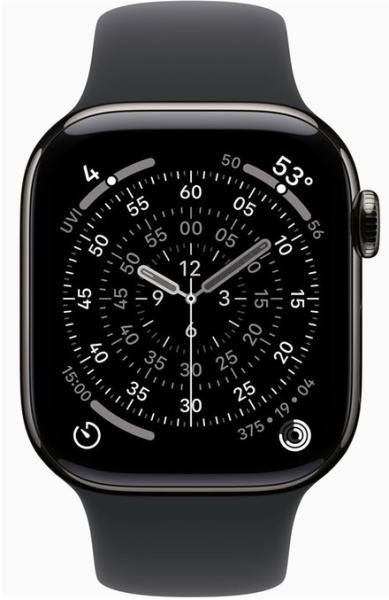 Смарт часовник Apple Watch Series 11 Cellular, 42mm, 1.77" (4.49cm) LTPO3 OLED дисплей, LTE, Wi-Fi, Bluetooth, GPS, 64GB Flash памет,  IP6X, Slate Titanium с Black Sport - S/M каишка