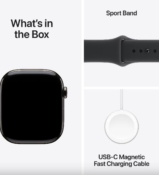 Смарт часовник Apple Watch Series 11 Cellular, 42mm, 1.77" (4.49cm) LTPO3 OLED дисплей, LTE, Wi-Fi, Bluetooth, GPS, 64GB Flash памет,  IP6X, Slate Titanium с Black Sport - S/M каишка