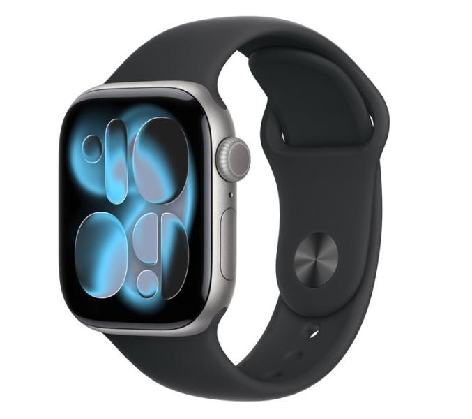Смарт часовник Apple Watch Series 11 GPS, 42mm, 1.77" (4.49cm) LTPO3 OLED дисплей, Wi-Fi, Bluetooth, GPS, 64GB Flash памет,  IP6X, Space Grey Aluminium с Black Sport - M/L каишка