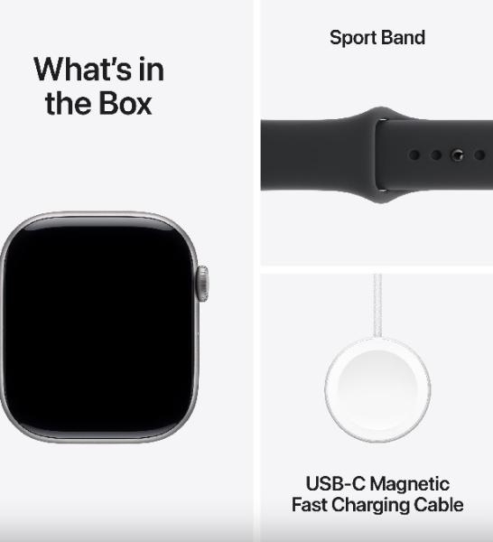 Смарт часовник Apple Watch Series 11 GPS, 42mm, 1.77" (4.49cm) LTPO3 OLED дисплей, Wi-Fi, Bluetooth, GPS, 64GB Flash памет,  IP6X, Space Grey Aluminium с Black Sport - M/L каишка