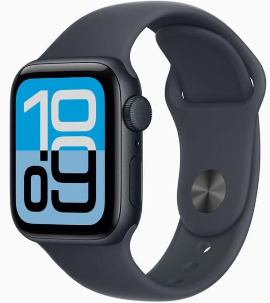 Смарт часовник Apple Watch SE 3 GPS, 40mm, 1.57" (3.99cm) Retina LTPO OLED дисплей, Wi-Fi, Bluetooth, GPS, 64GB Flash памет, Midnight Aluminium с Midnight Sport - S/M каишка