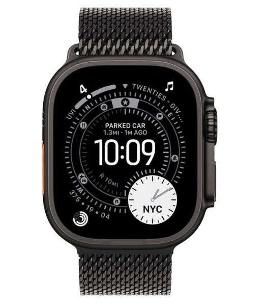 Смарт часовник Apple Watch Ultra 3 Cellular, 49mm, 1.98" (5.02 cm) Retina LTPO OLED дисплей, 64GB Flash памет, Bluetooth, Wi-Fi, LTE, GPS, IP6X, Black Titanium с Black Titanium Milanese Loop L каишка