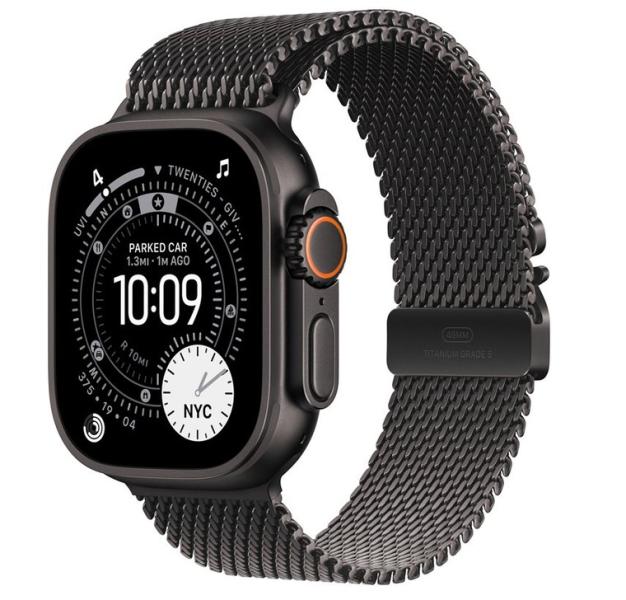 Смарт часовник Apple Watch Ultra 3 Cellular, 49mm, 1.98" (5.02 cm) Retina LTPO OLED дисплей, 64GB Flash памет, Bluetooth, Wi-Fi, LTE, GPS, IP6X, Black Titanium с Black Titanium Milanese Loop L каишка