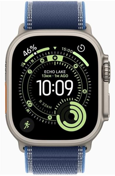 Смарт часовник Apple Watch Ultra 3 Cellular, 49mm, 1.98" (5.02 cm) Retina LTPO OLED дисплей, 64GB Flash памет, Bluetooth, Wi-Fi, LTE, GPS, IP6X, Natural Titanium с Blue/Bright Blue Trail Loop M/L