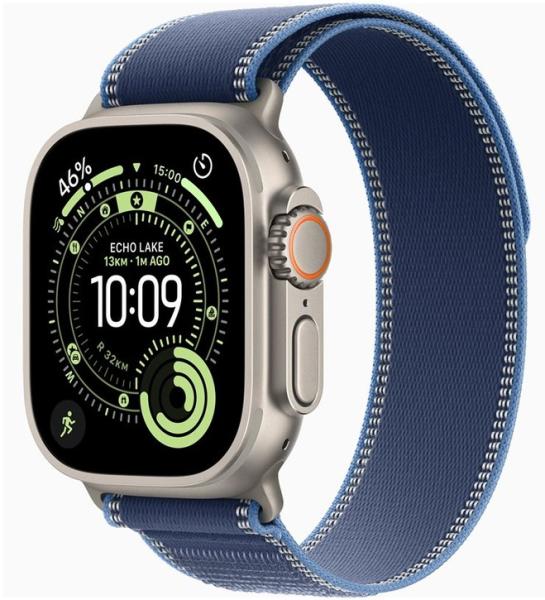 Смарт часовник Apple Watch Ultra 3 Cellular, 49mm, 1.98" (5.02 cm) Retina LTPO OLED дисплей, 64GB Flash памет, Bluetooth, Wi-Fi, LTE, GPS, IP6X, Natural Titanium с Blue/Bright Blue Trail Loop M/L каишка