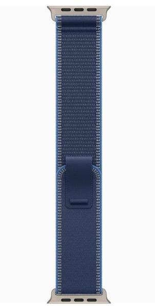 Смарт часовник Apple Watch Ultra 3 Cellular, 49mm, 1.98" (5.02 cm) Retina LTPO OLED дисплей, 64GB Flash памет, Bluetooth, Wi-Fi, LTE, GPS, IP6X, Natural Titanium с Blue/Bright Blue Trail Loop S/M каишка