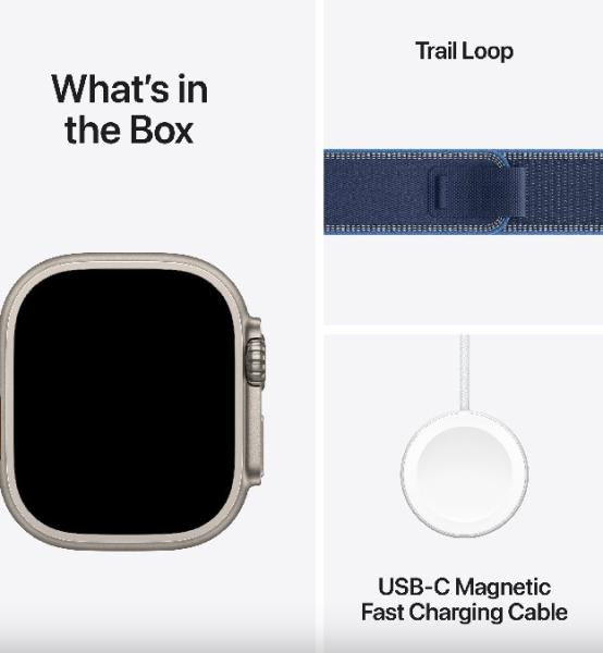 Смарт часовник Apple Watch Ultra 3 Cellular, 49mm, 1.98" (5.02 cm) Retina LTPO OLED дисплей, 64GB Flash памет, Bluetooth, Wi-Fi, LTE, GPS, IP6X, Natural Titanium с Blue/Bright Blue Trail Loop S/M каишка