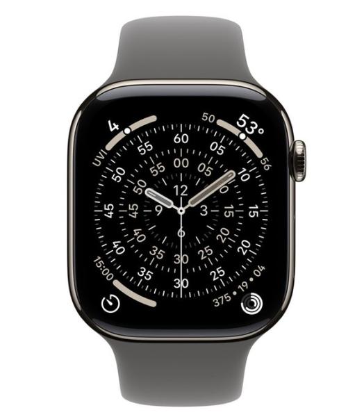 Смарт часовник Apple Watch Series 11 Cellular, 46mm, 1.96" (4.98cm) LTPO3 OLED дисплей, LTE, Wi-Fi, Bluetooth, GPS, 64GB Flash памет, IP6X, Natural Titanium с Stone Grey Sport - M/L каишка