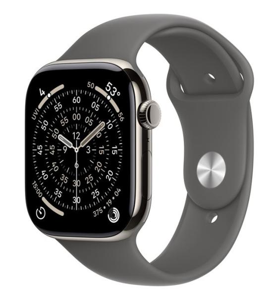 Смарт часовник Apple Watch Series 11 Cellular, 46mm, 1.96" (4.98cm) LTPO3 OLED дисплей, LTE, Wi-Fi, Bluetooth, GPS, 64GB Flash памет, IP6X, Natural Titanium с Stone Grey Sport - M/L каишка