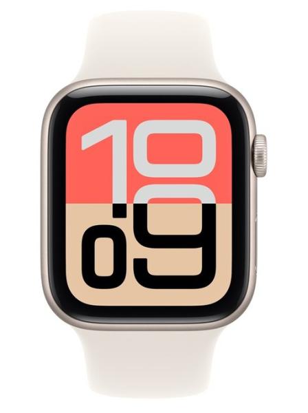Смарт часовник Apple Watch SE 3 Cellular, 44mm, 1.78" (4.52cm) Retina LTPO OLED дисплей, LTE, Wi-Fi, Bluetooth, GPS, 64GB Flash памет, Starlight Aluminium с Starlight Sport - M/L каишка