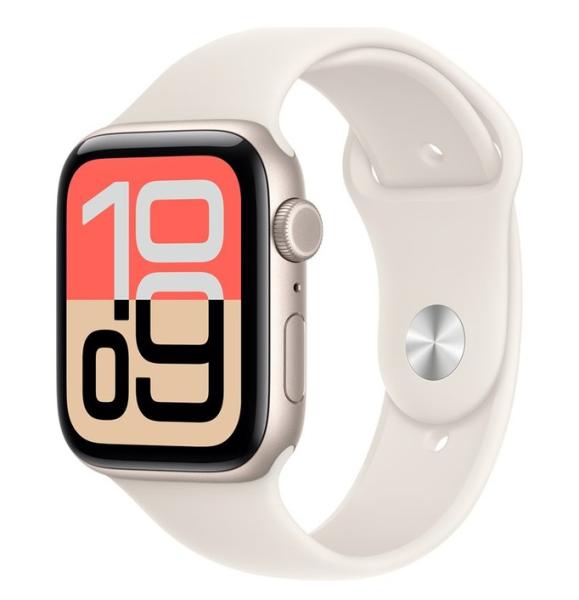 Смарт часовник Apple Watch SE 3 GPS, 44mm, 1.78" (4.52cm) Retina LTPO OLED дисплей, Wi-Fi, Bluetooth, GPS, 64GB Flash памет, Starlight Aluminium с Starlight Sport Band - S/M каишка