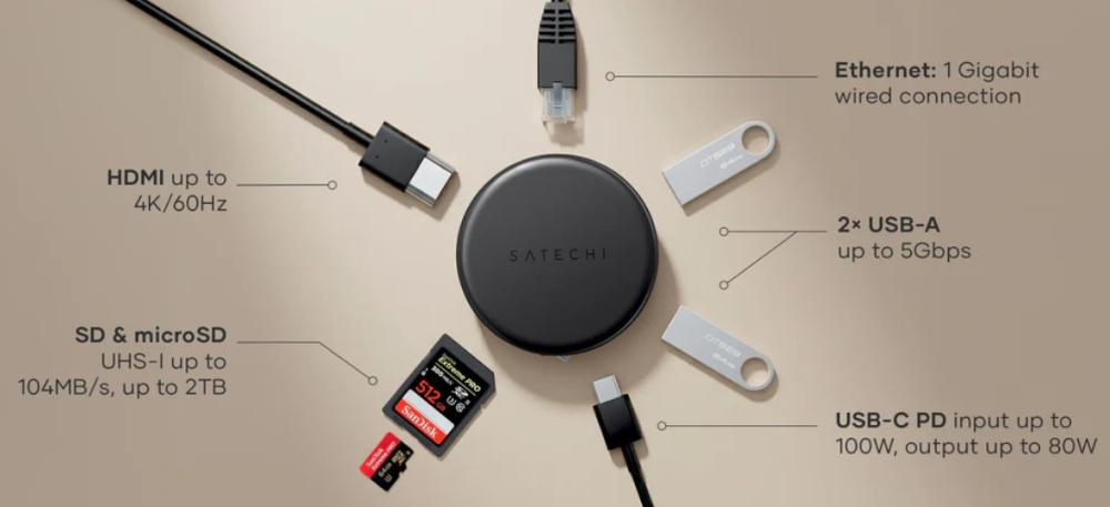 Мултипортов адаптер Satechi OntheGo 7 в 1 - Space Black - Съвместим с устройства на Apple