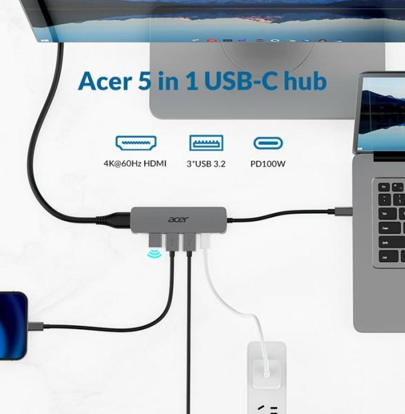 Мултипортов адаптер ACER 5in1, 3x USB 3.0 5Gbps, 1x HDMI 4K, 1x Type-C 100W PD