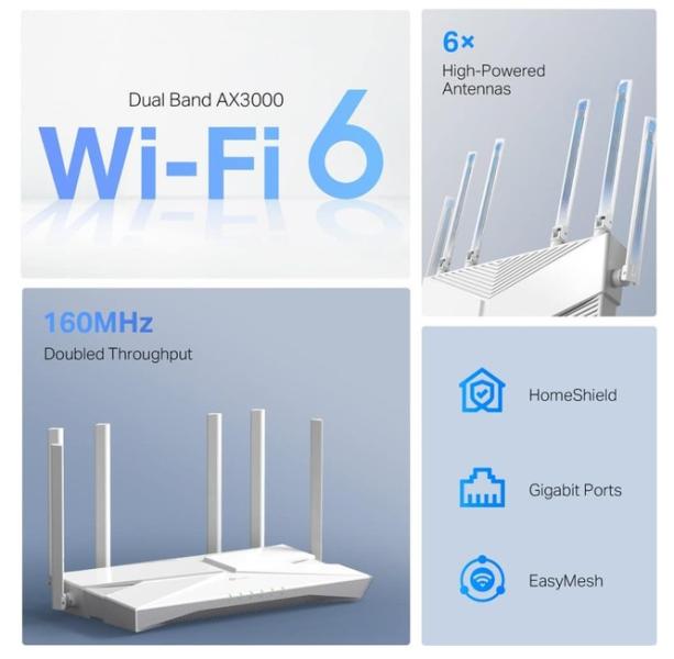 Рутер TP-Link Archer AX56, 3000Mbps, 2.4GHz / 5GHz (574 Mbps+2402 Mbps), Wireless AX, 4x 10/100/1000Mbps LAN, 1x 10/100/1000Mbps WAN, VPN server