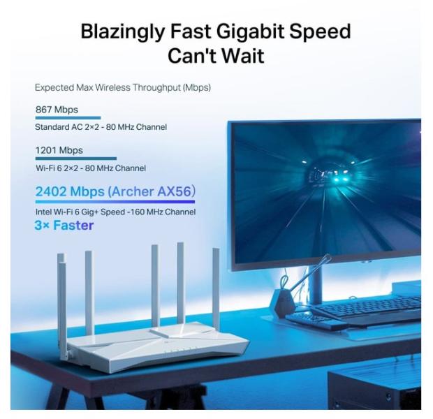 Рутер TP-Link Archer AX56, 3000Mbps, 2.4GHz / 5GHz (574 Mbps+2402 Mbps), Wireless AX, 4x 10/100/1000Mbps LAN, 1x 10/100/1000Mbps WAN, VPN server