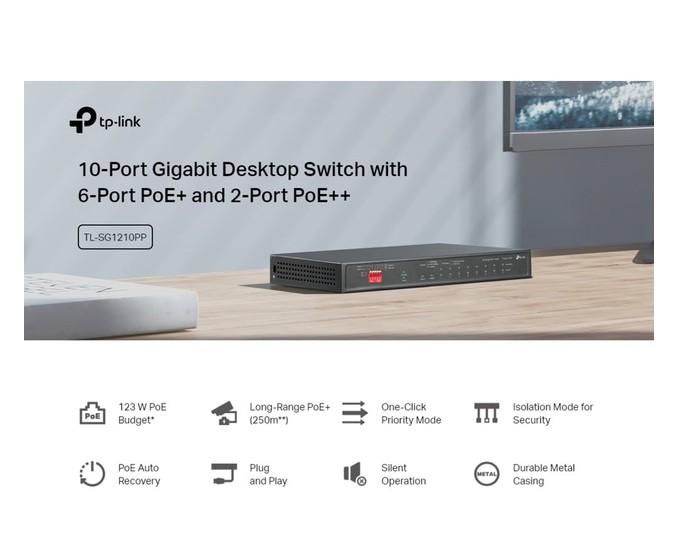 Суич TP-Link TL-SG1210PP, 9x 10/100/1000Mbps RJ-45, (2x PoE++/6x PoE+), 1x Combo SFP/RJ45
