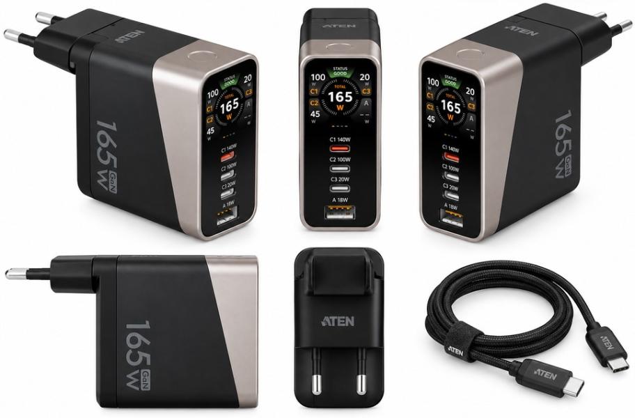 Зарядно устройство ATEN UP5165-AT 165W GaN, цветен смарт дисплей, 1x USB Type-A, 3x USB Type-C