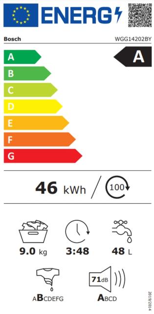 Пералня Bosch WGG14202BY SER6 Washing machine 9kg, 1200 rpm, AntiStain function, EcoSilence Drive, AllergyPlus, SpeedPerfect, Energy class A, Spin efficiency B, 48l, 71 dB, white-black gray door