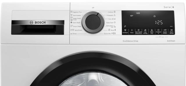 Пералня Bosch WGG14403BY SER6 Washing machine 9kg, 1400 rpm, AntiStain function, EcoSilence Drive, AllergyPlus, SpeedPerfect, Energy class A, Spin efficiency B, 48l, 71 dB, white-black gray door